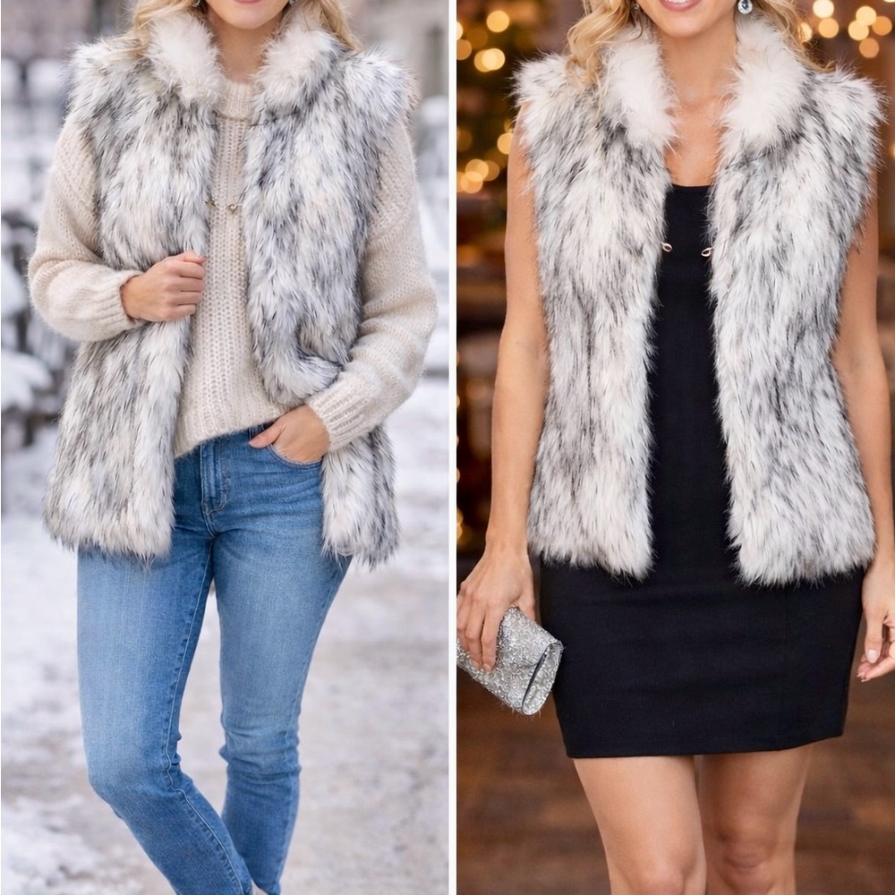 Shaggy Faux Fur Vest Large White Gray Boho Glam Festival Layering. NEW